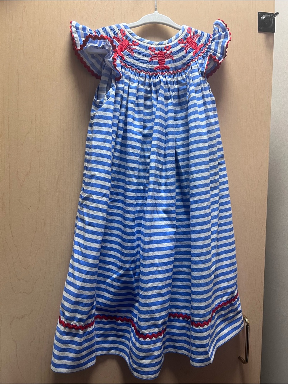 Girls Blue & White Striped Smocked Dress with Red Accents